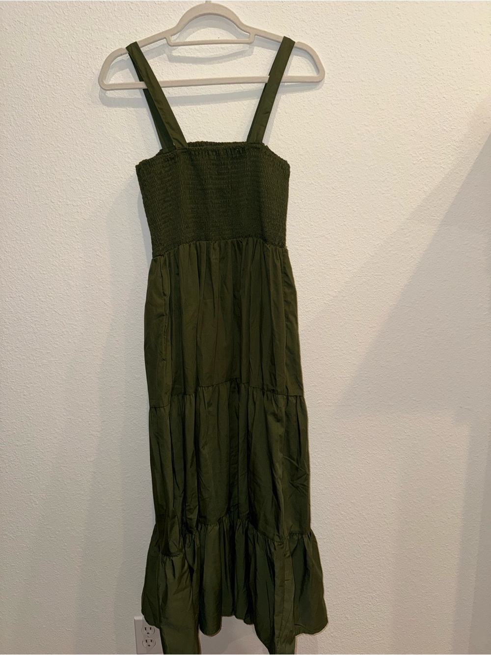 Olive Green Tiered Maxi Dress with Smocked Bodice